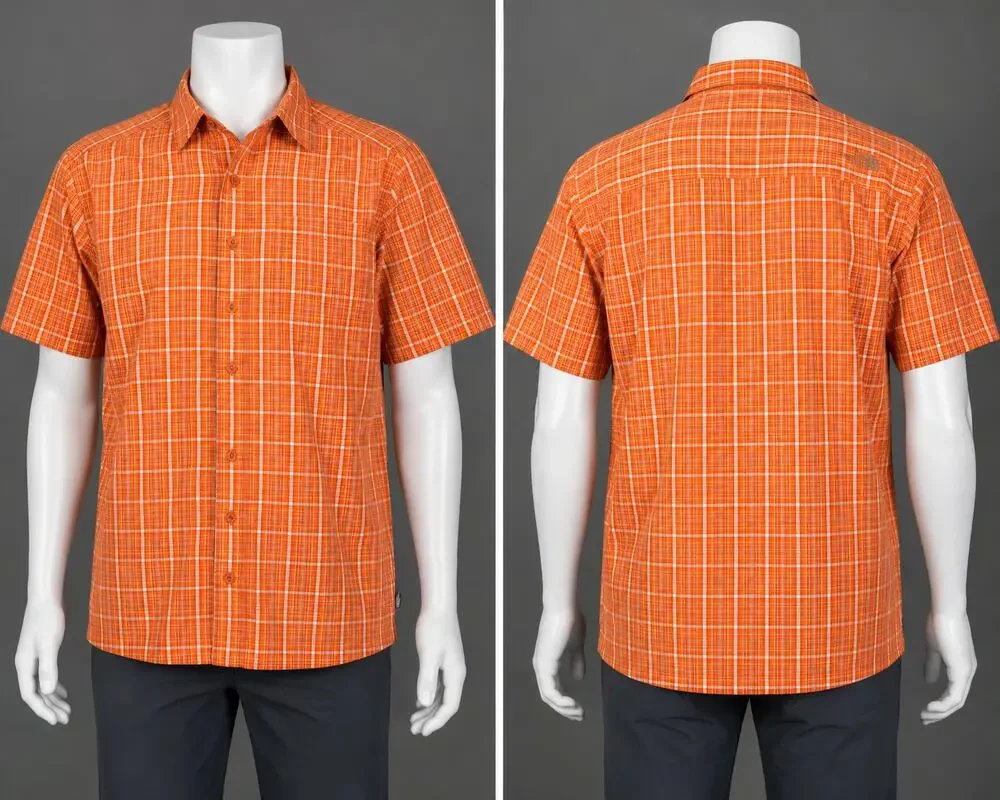 The North Face Mens M Orange Plaid Short Sleeve Button Up Hiking Shirt